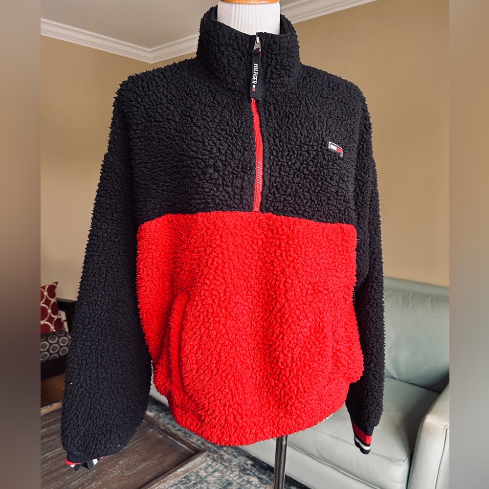 Tommy Hilfiger Sherpa Fleece Quarter Zip Pullover Colorblock Black Red Kids XL